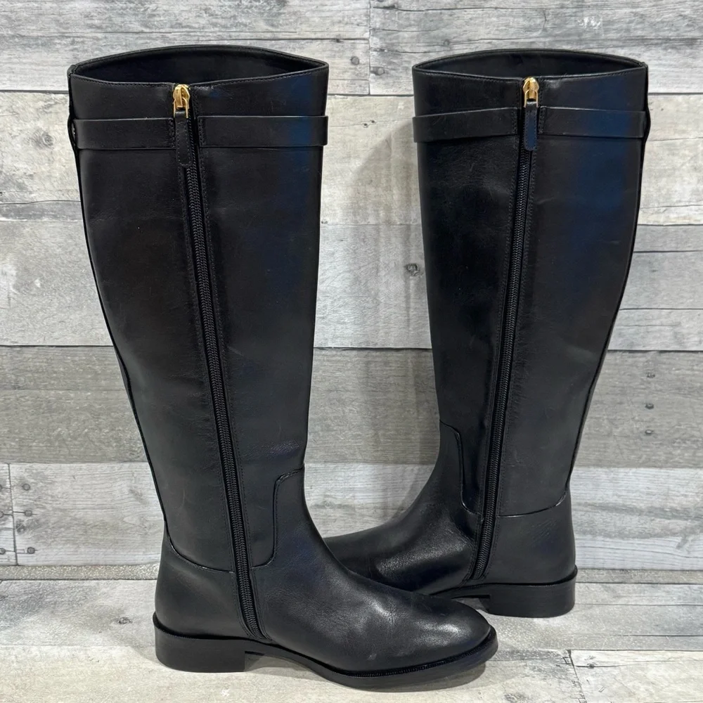TORY BURCH EVERLY STRAP RIDING BOOTS - BLACK LEATHER - SZ - 5.5